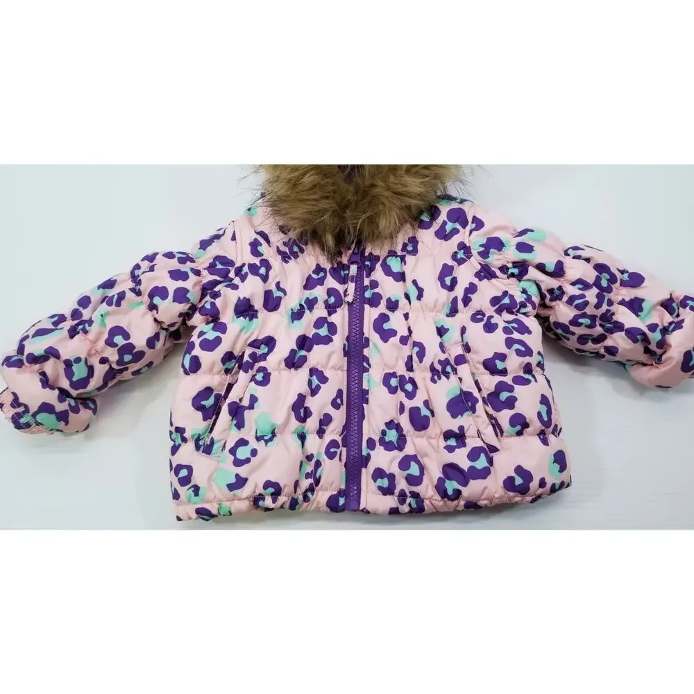 II) Infant Toughskins Waterproof Snow Jacket Bib Snow Pants Purple Leopard 12M